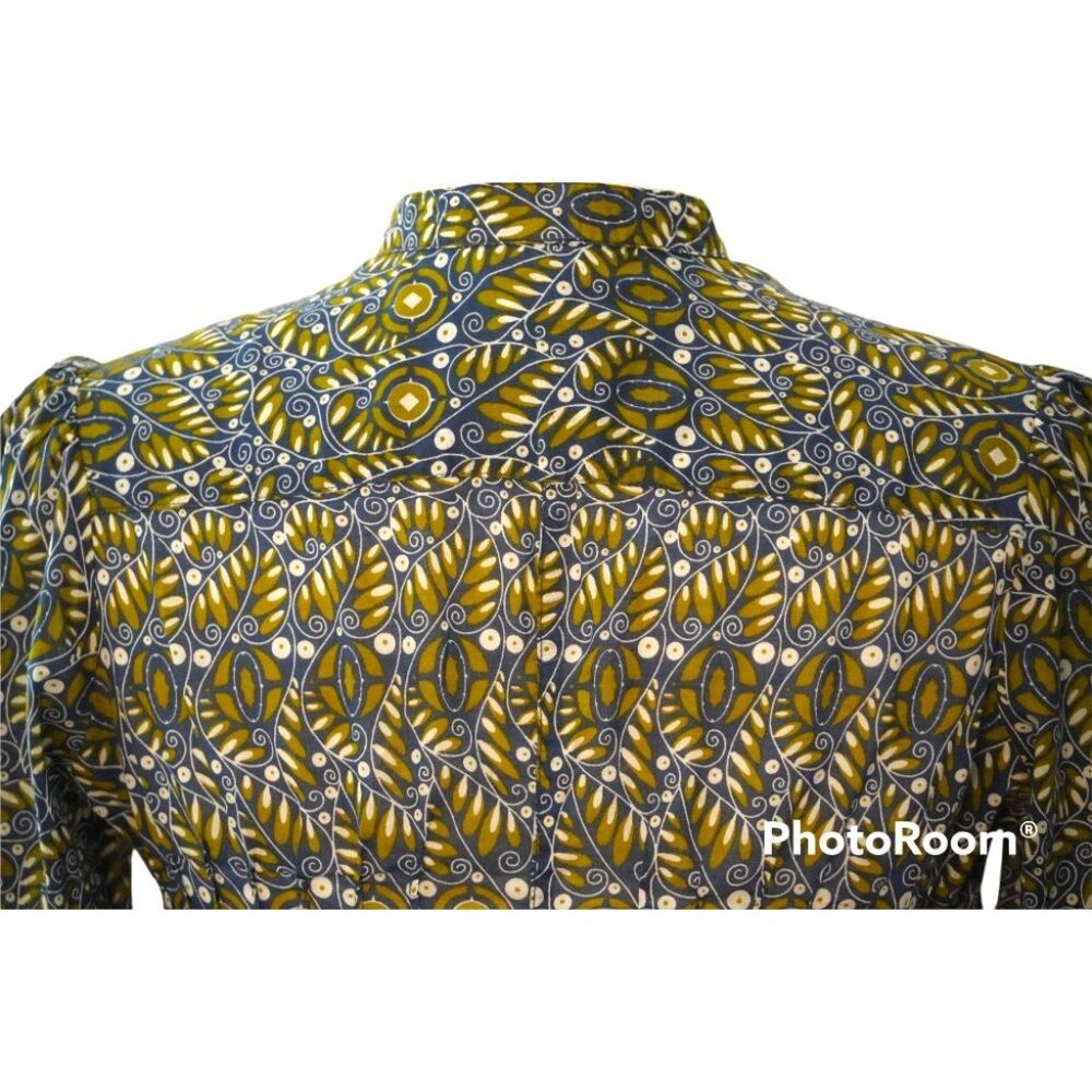 Banana Republic Boho Leaf Batik Blouse Sz Small Mandarin Collar Puff Sleaves Cot - Picture 8 of 11
